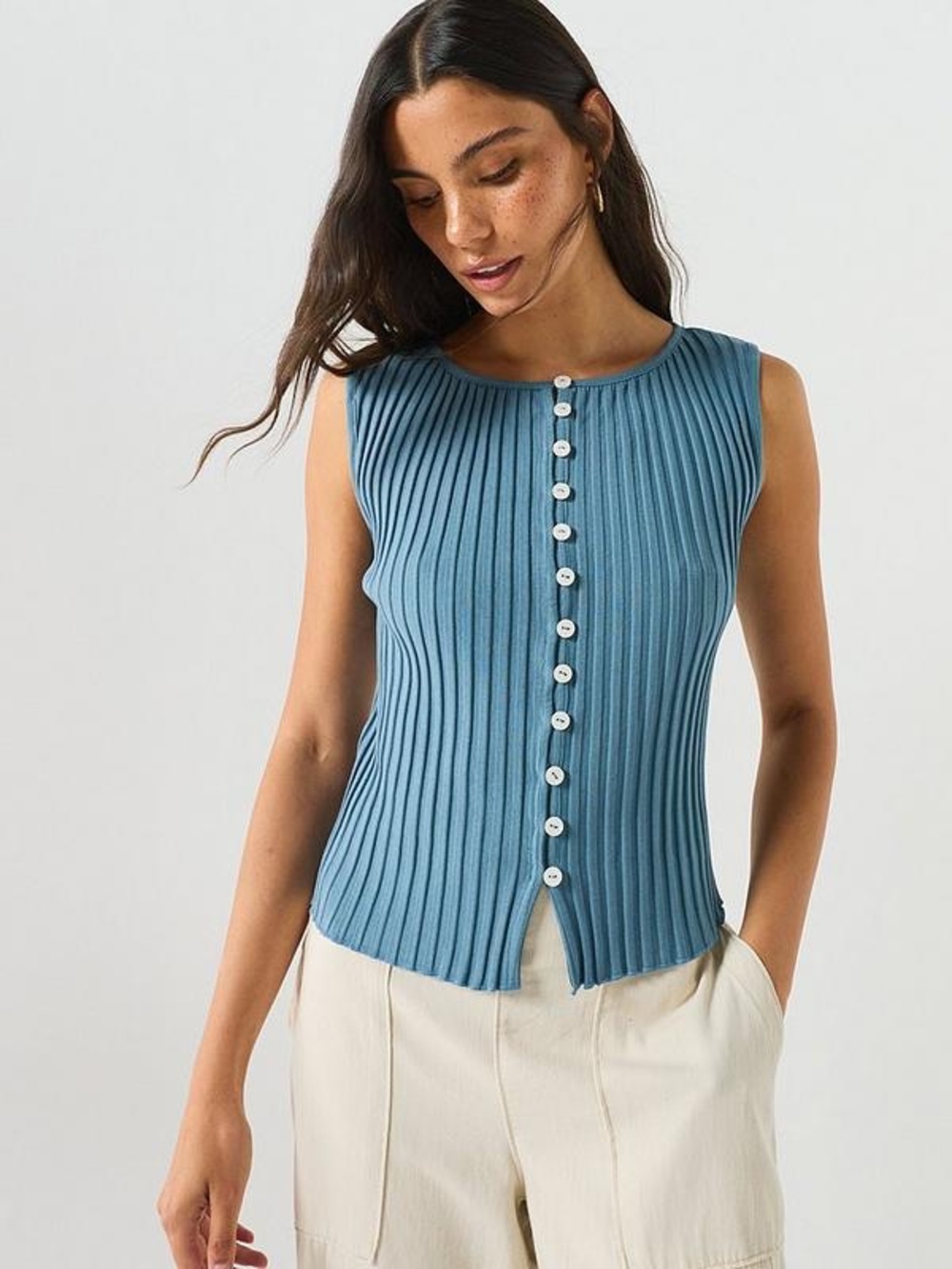 Free People Tilly Vest - Sleeveless Ribbed Button-Front Top in Slate Blue